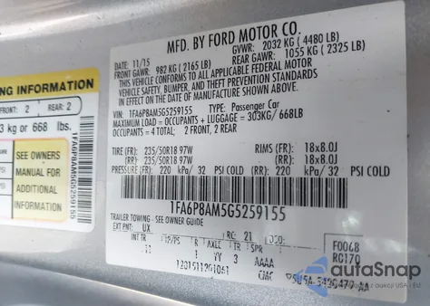 2016 Ford Mustang V6 z USA, uszkodzony, nr VIN 1FA6P8AM5G5259155